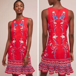 Anthropologie Akemi+Kin Lila Embroidered Sleeveless Sheath Dress Red Boho Size S